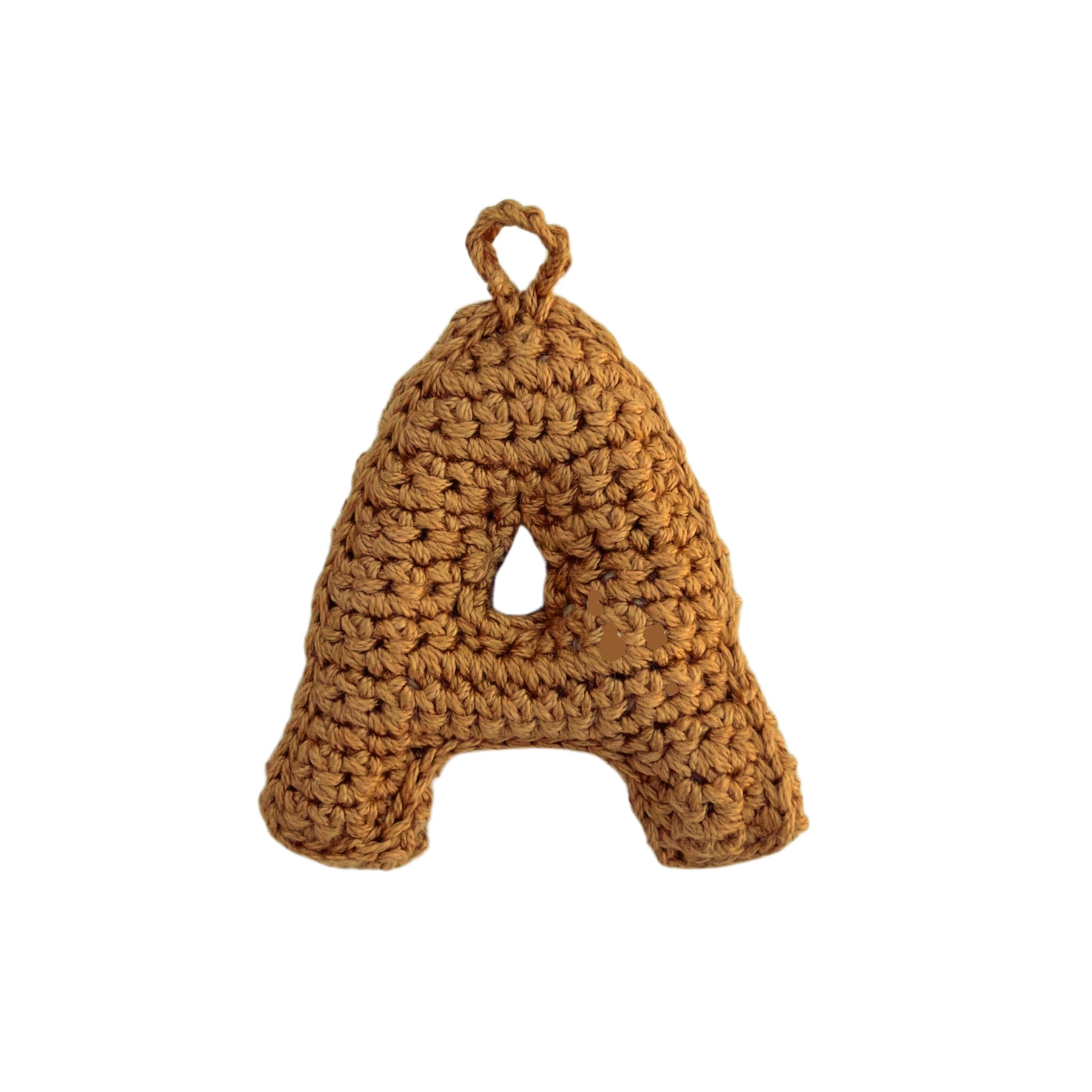 Crocheted letter 'A' on a white background