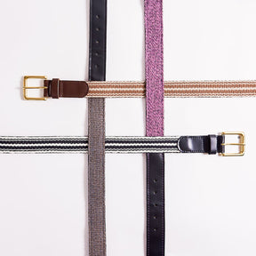 Collection of belts with gold buckles on a white background