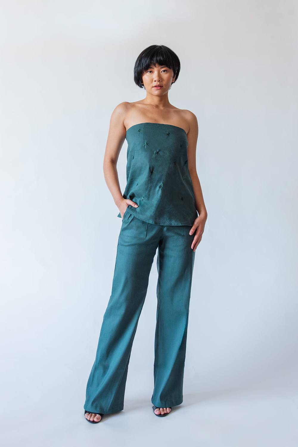 ethical USA-made high waist linen pants teal