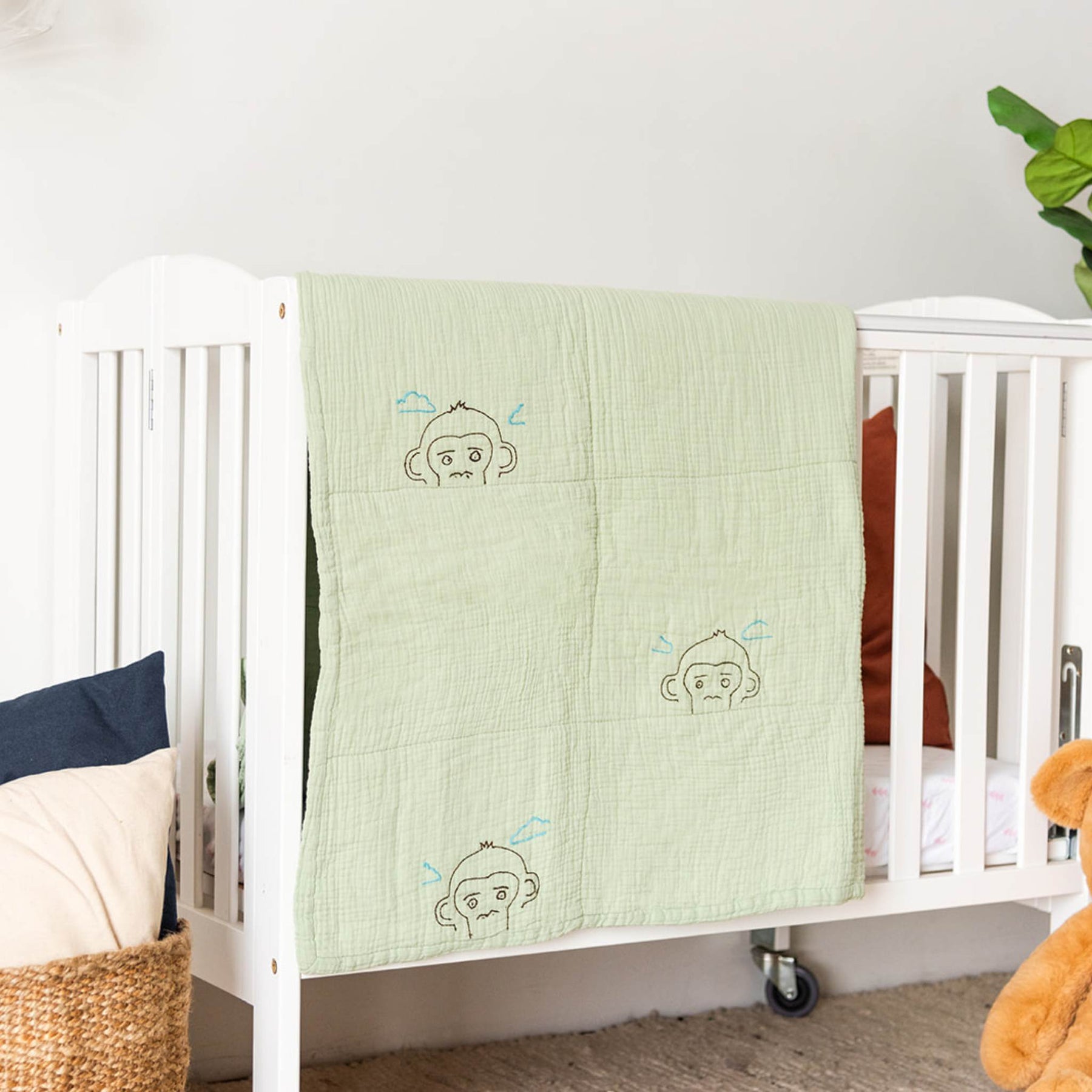Cotton Baby Quilt in Sage | Hand Embroidered