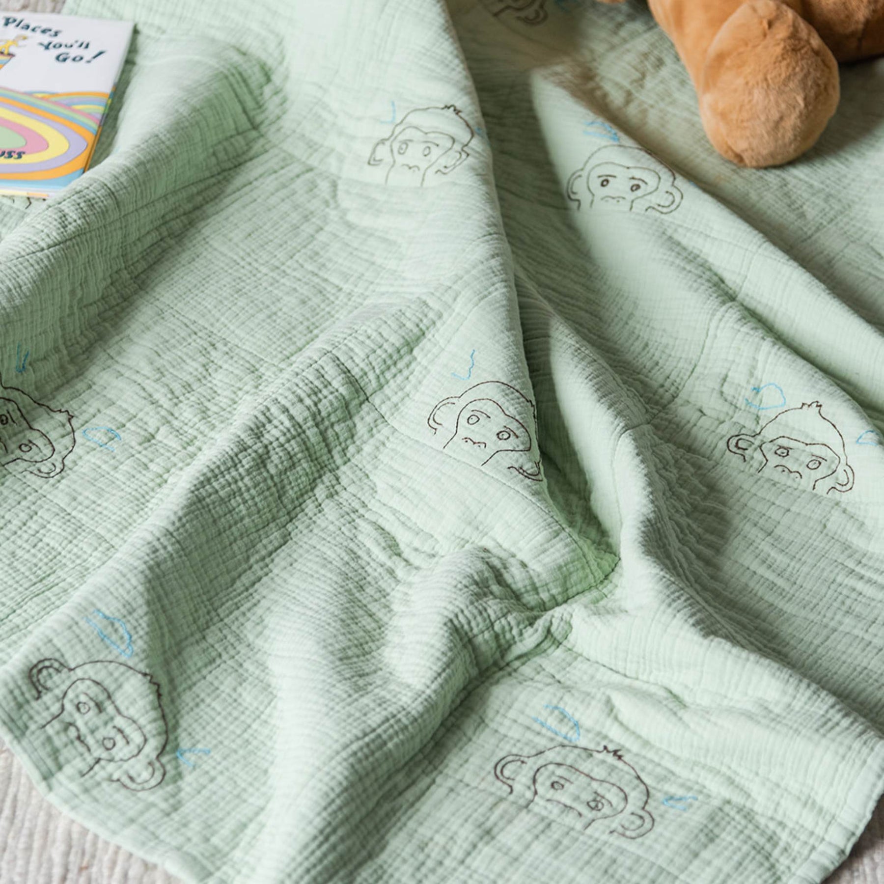 Cotton Baby Quilt in Sage | Hand Embroidered
