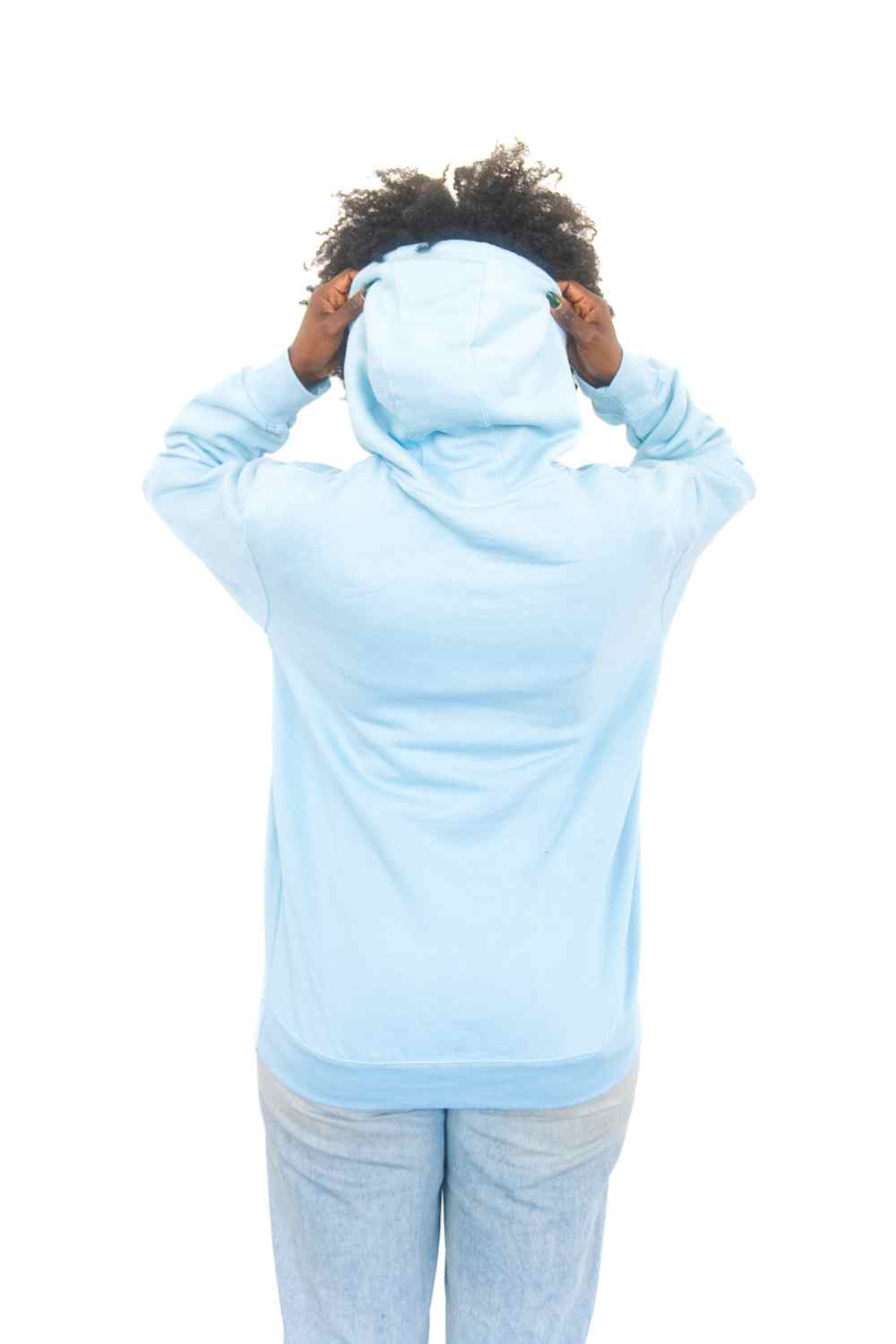 back view of cotton hoodie in powder blue