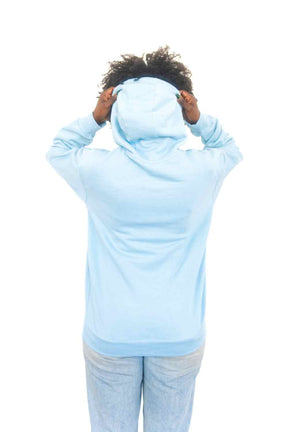 back view of cotton hoodie in powder blue