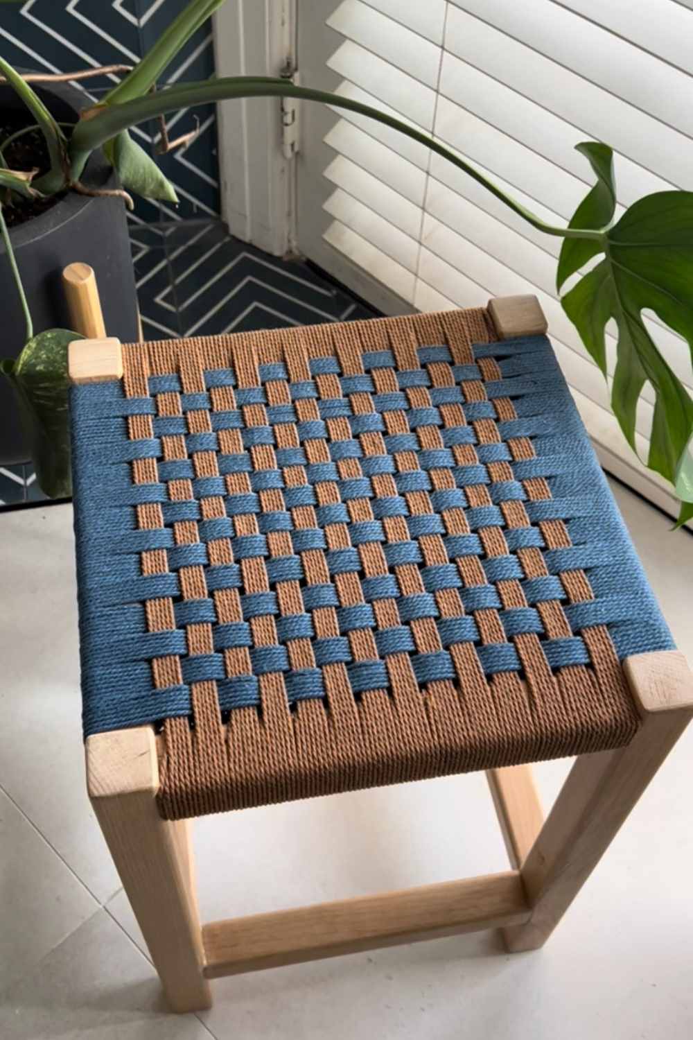 Woven Rope Stool in Blue + Brown