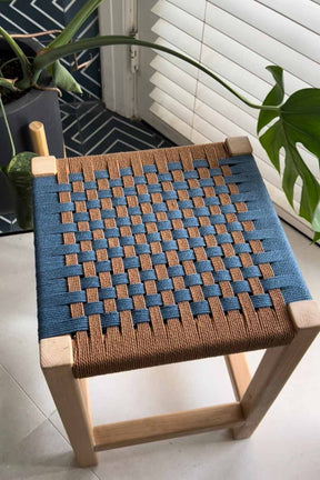 Woven Rope Stool in Blue + Brown