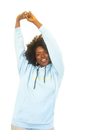 woman wearing relaxed cotton hoodie with pocket