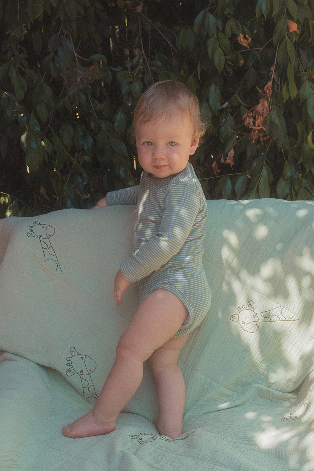 Cotton Baby Quilt in Sage | Hand Embroidered