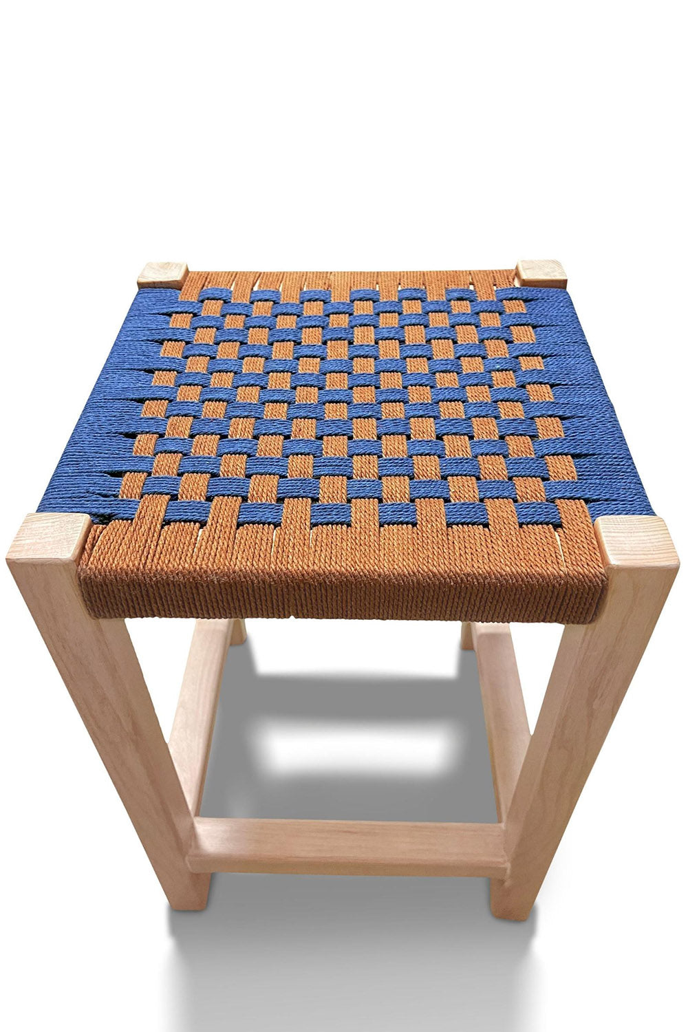 top view Woven Rope Stool in Blue + Brown