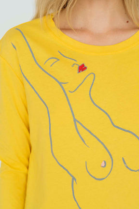 closeup of Paloma Long Sleeve Tee in Canary Yellow