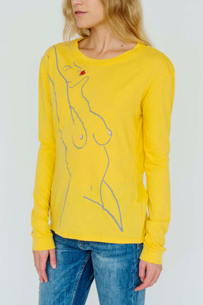Paloma Long Sleeve Tee in Canary Yellow hand embroidered
