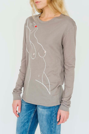 side view of Paloma Long Sleeve Tee in Taupe